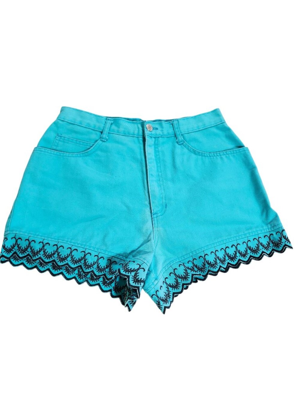 Vintage 90's Pinwheels Women's Size 13 High Waisted Teal Denim Shorts Boho Trim